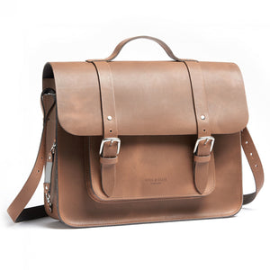 Mac Whiskey Tan Leather Pannier side angle showing shoulder strap