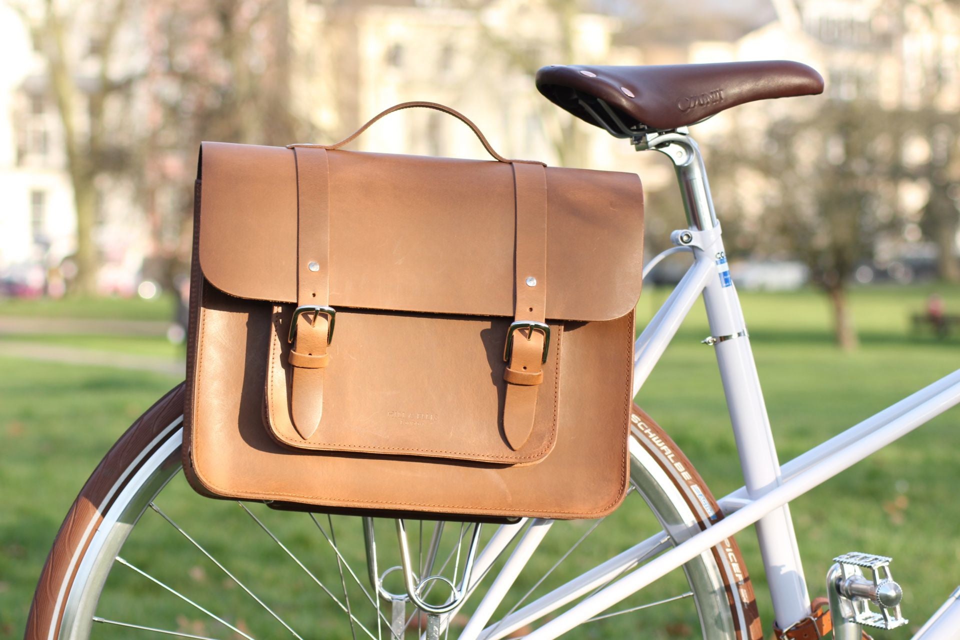 Hill and Ellis Mac Whiskey Tan Leather Pannier on a bicycle