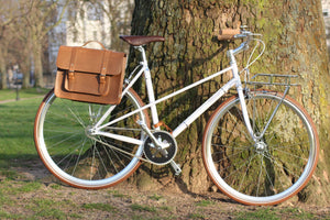 Mac Whiskey Tan Leather Pannier on a bicycle
