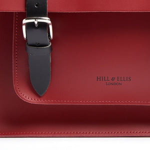 Hill and Ellis Birtie Red Leather Pannier front view showing buckle 