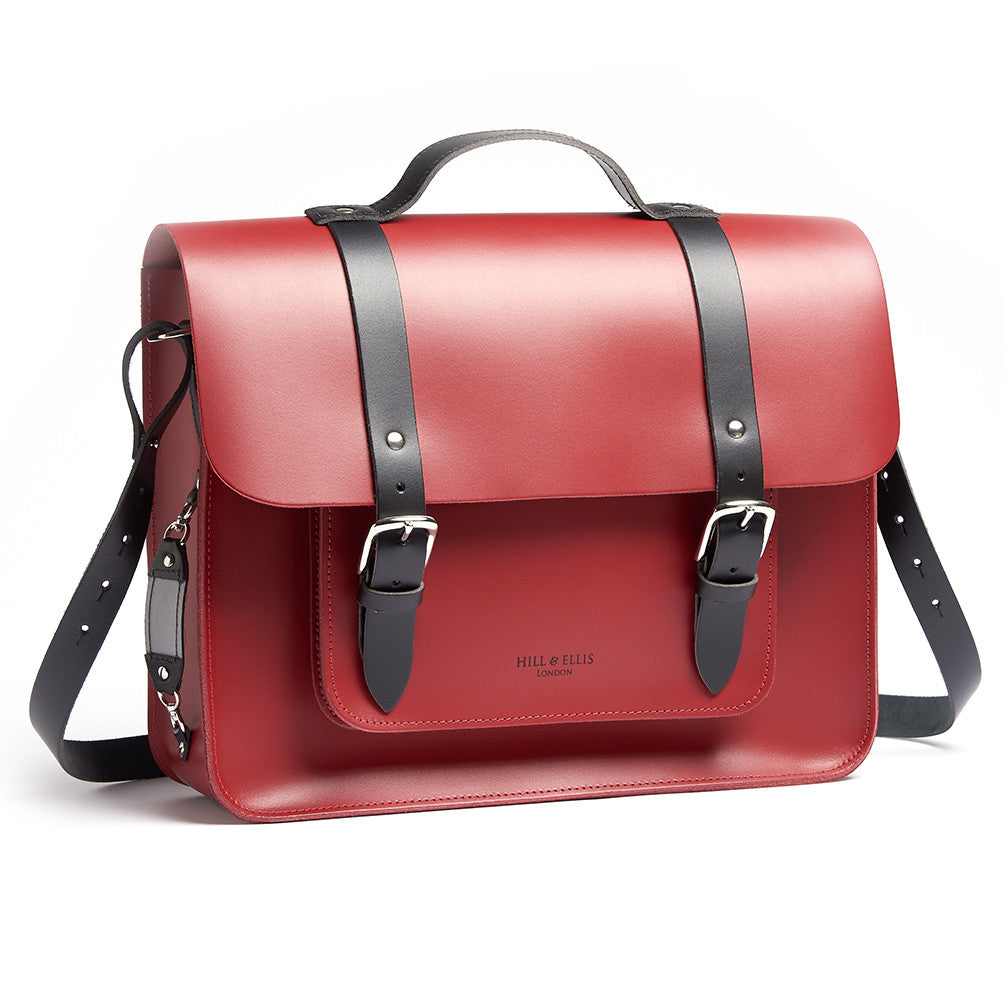 Hill and Ellis Birtie Red Leather Pannier side view showing shoulder straps