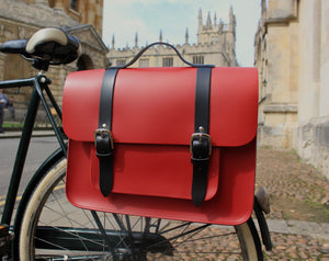 Hill anEllis Birtie Red Leather Pannier on a bicycle