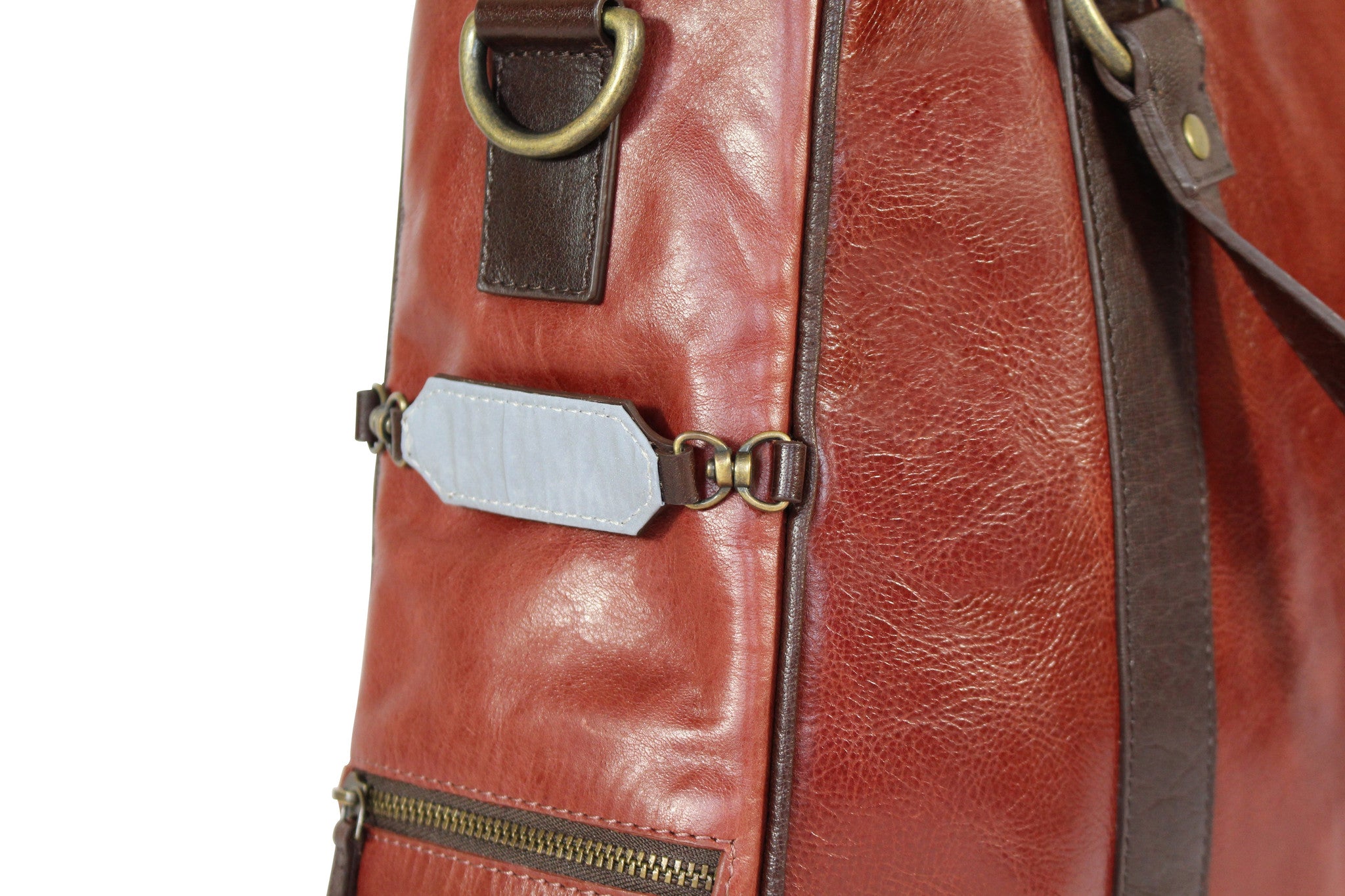 Hill and Ellis Duke Cherry Red Leather Satchel front view showing reflective strip
